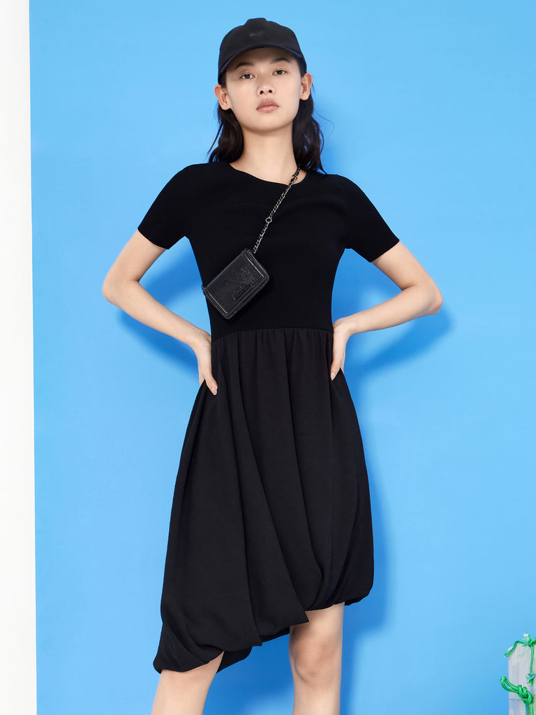 MO&Co. Women's Irregular Hem Dress Fitted Casual Round Neck Black Short Sleeves