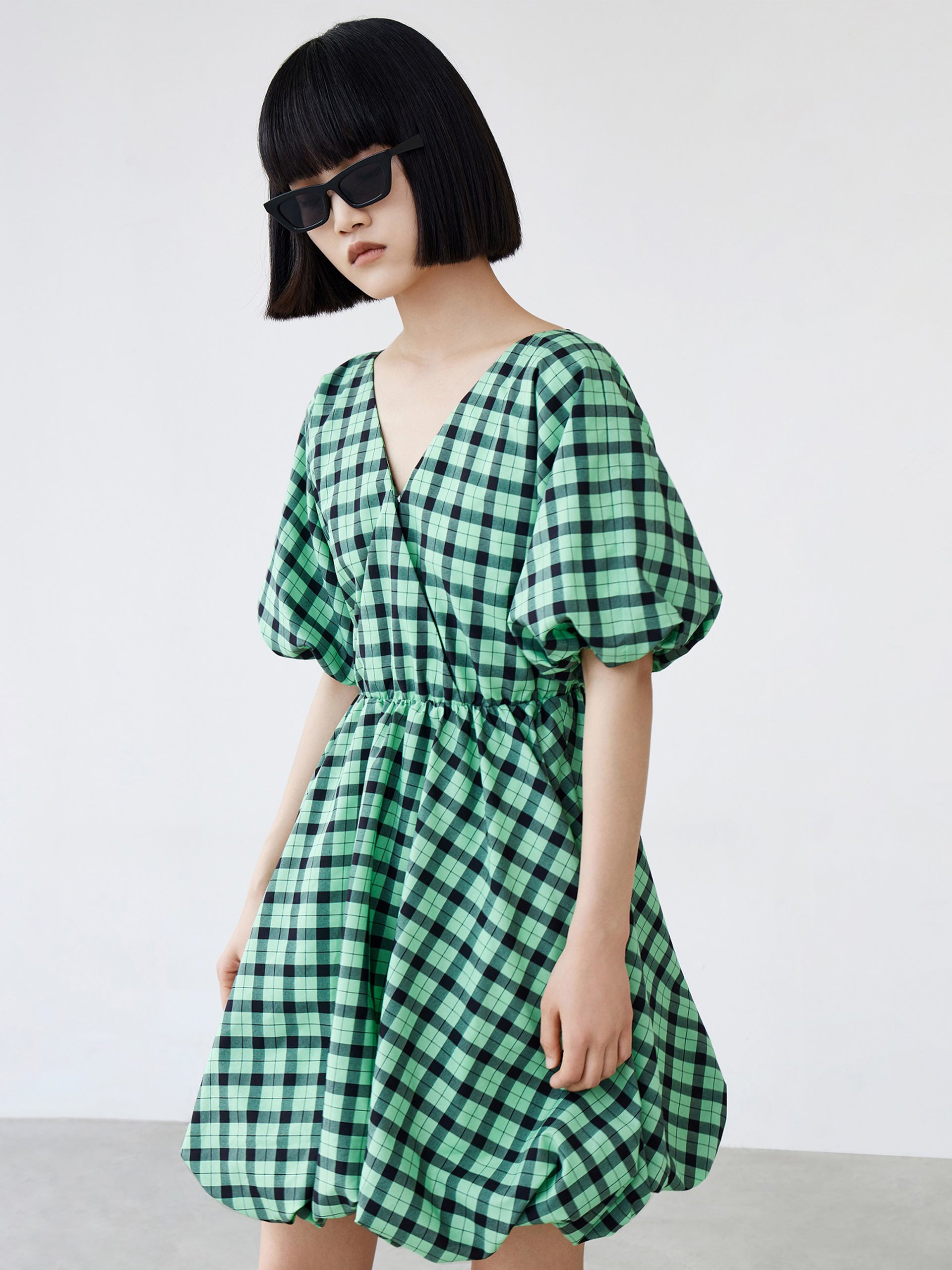 Puff Sleeved V-Neck Checkered Dress MO&Co.