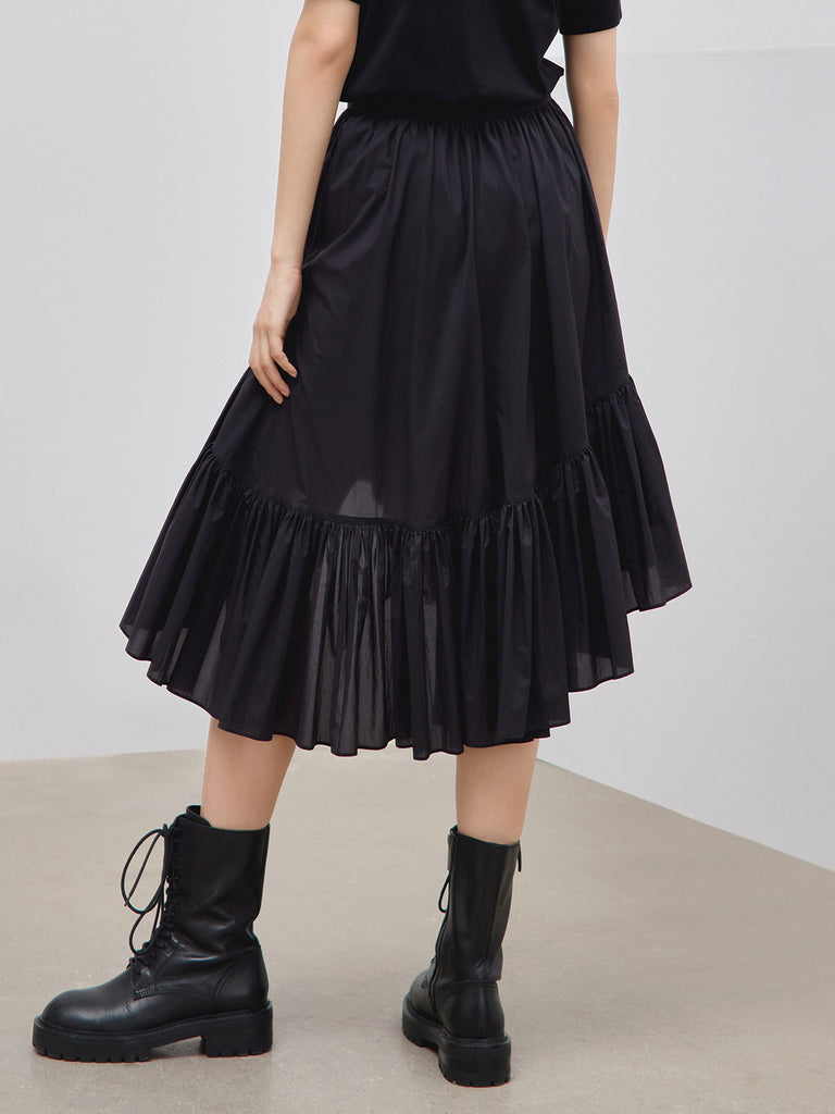 MO&Co. Women's Irregular Hem Pleated Skirt Fitted Chic Black Midi Skirt