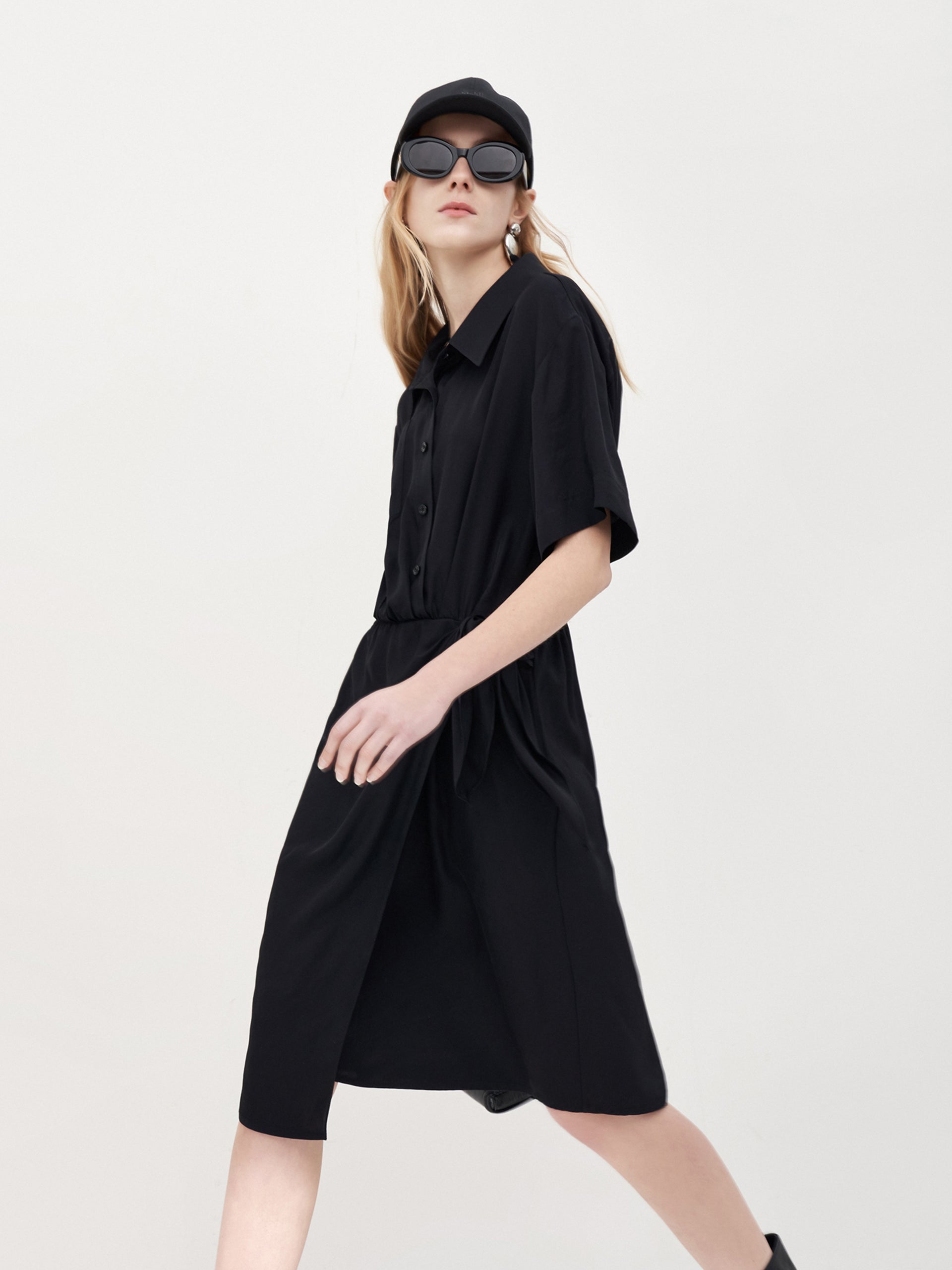 MO&Co. Women's Triacetate Wrap Knot Shirt Dress Loose Casual Lapel Black