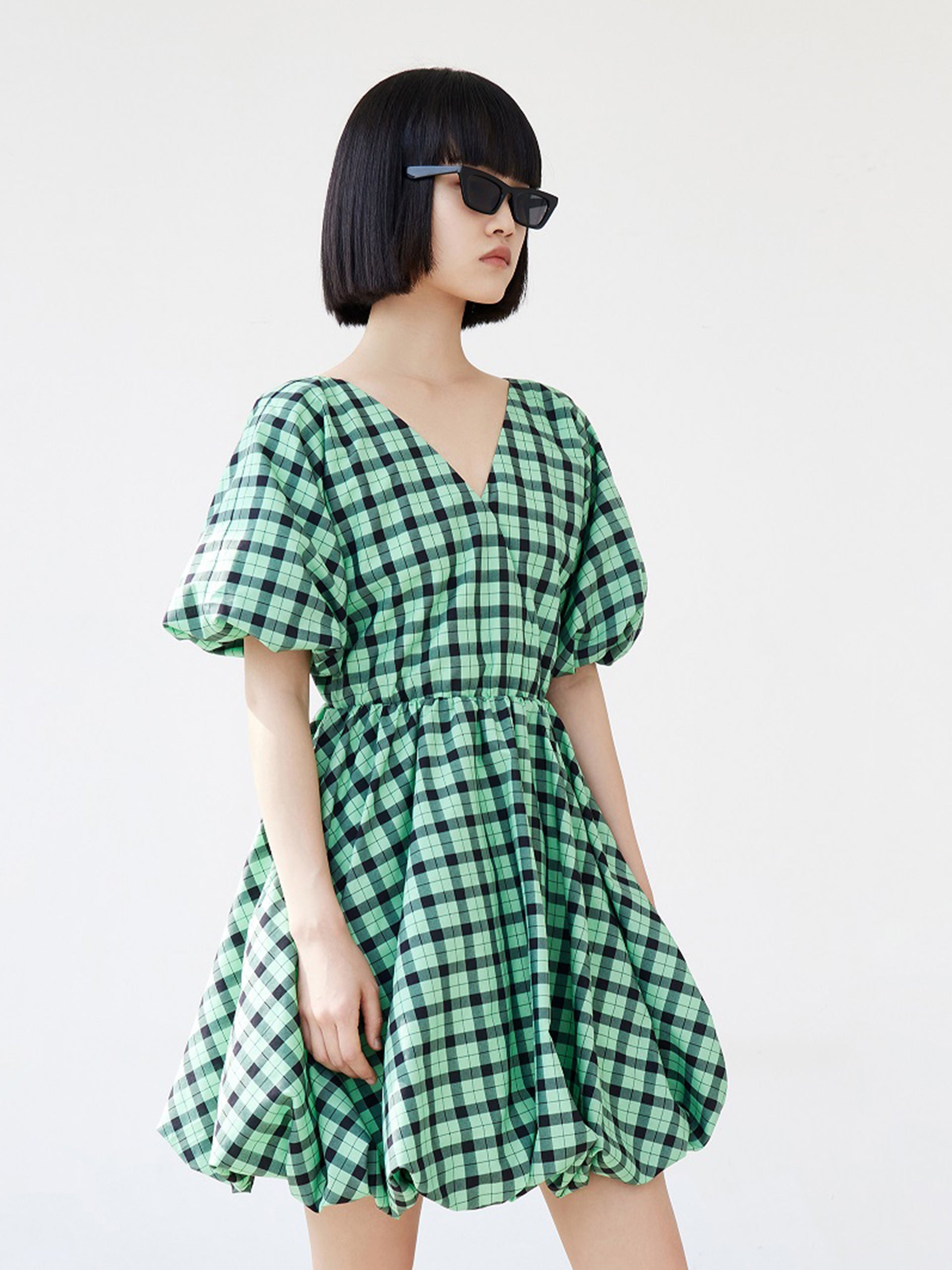 Puff Sleeved V-Neck Checkered Dress MO&Co.