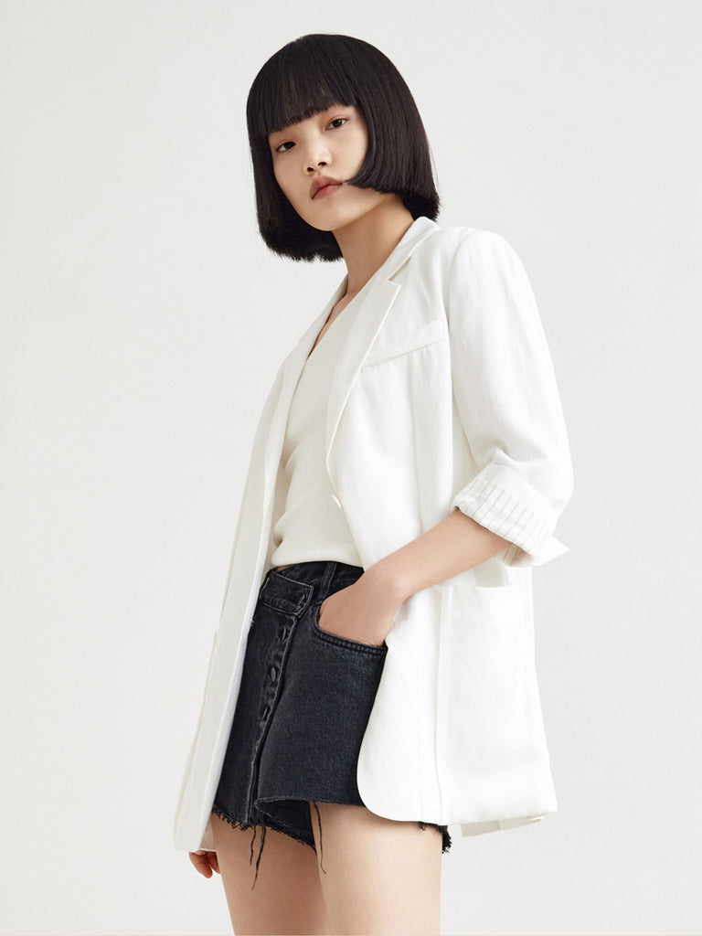 MO&Co. Women's Linen Blend Midi Sleeved Blazer Loose Casual Lapel Long Blazer Coat Womens