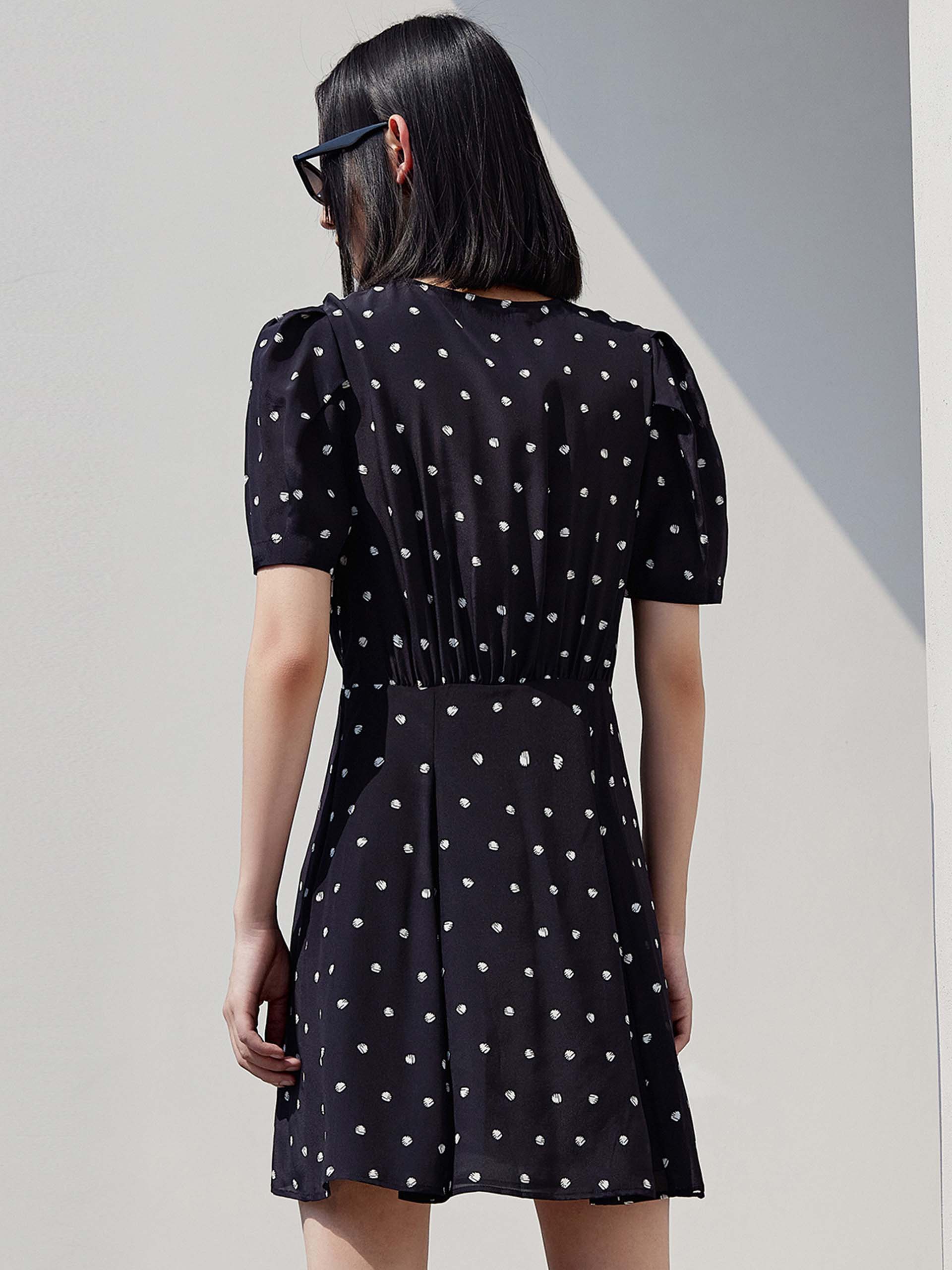 MO&Co. Women's Silk Polka Dot Dress Loose Casual V Neck Black Dress For Woman