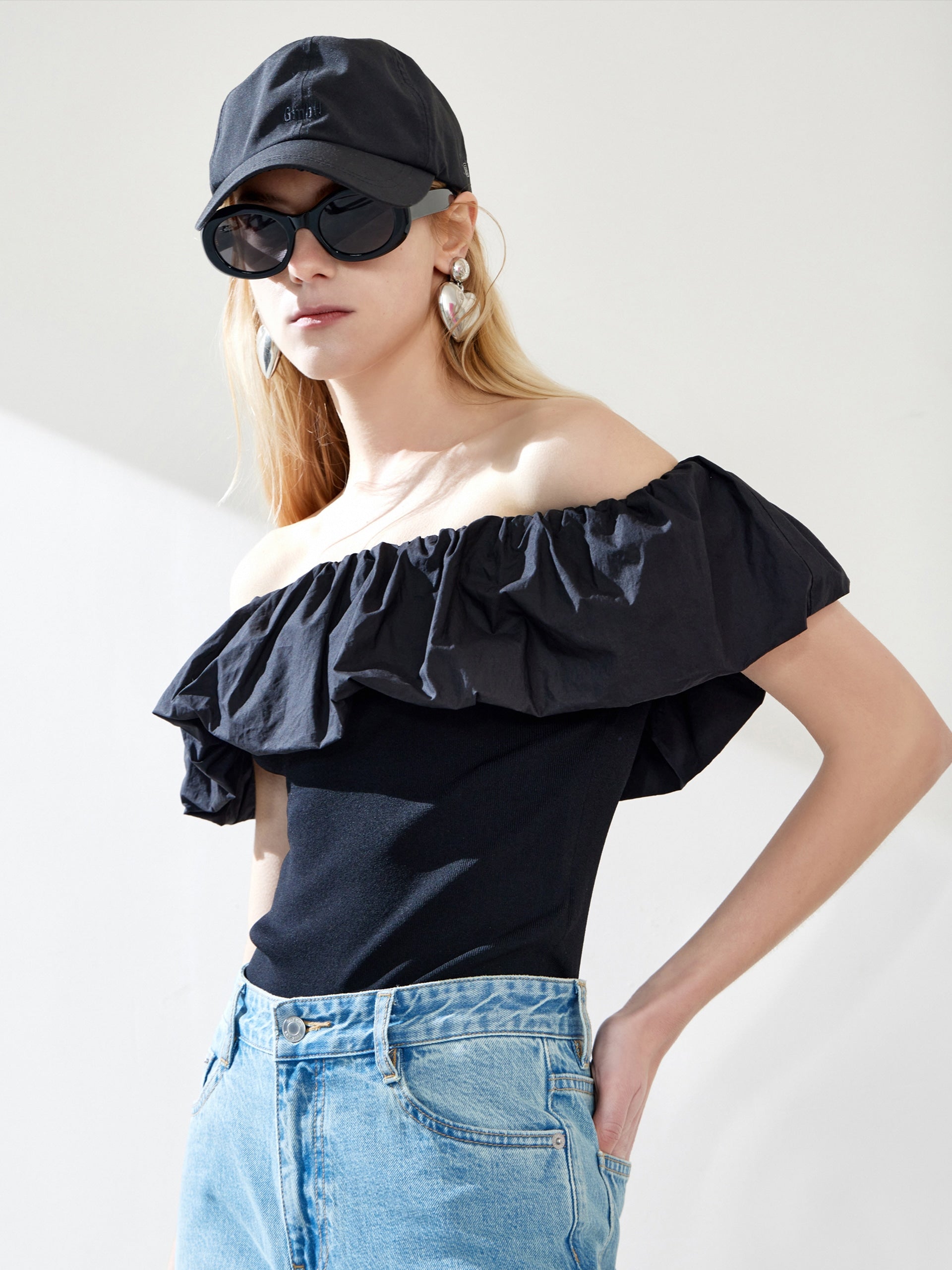 MO&Co. Women's Off Shoulder Ruffle Top Fitted Casual Square Neck Summer Tops For Women