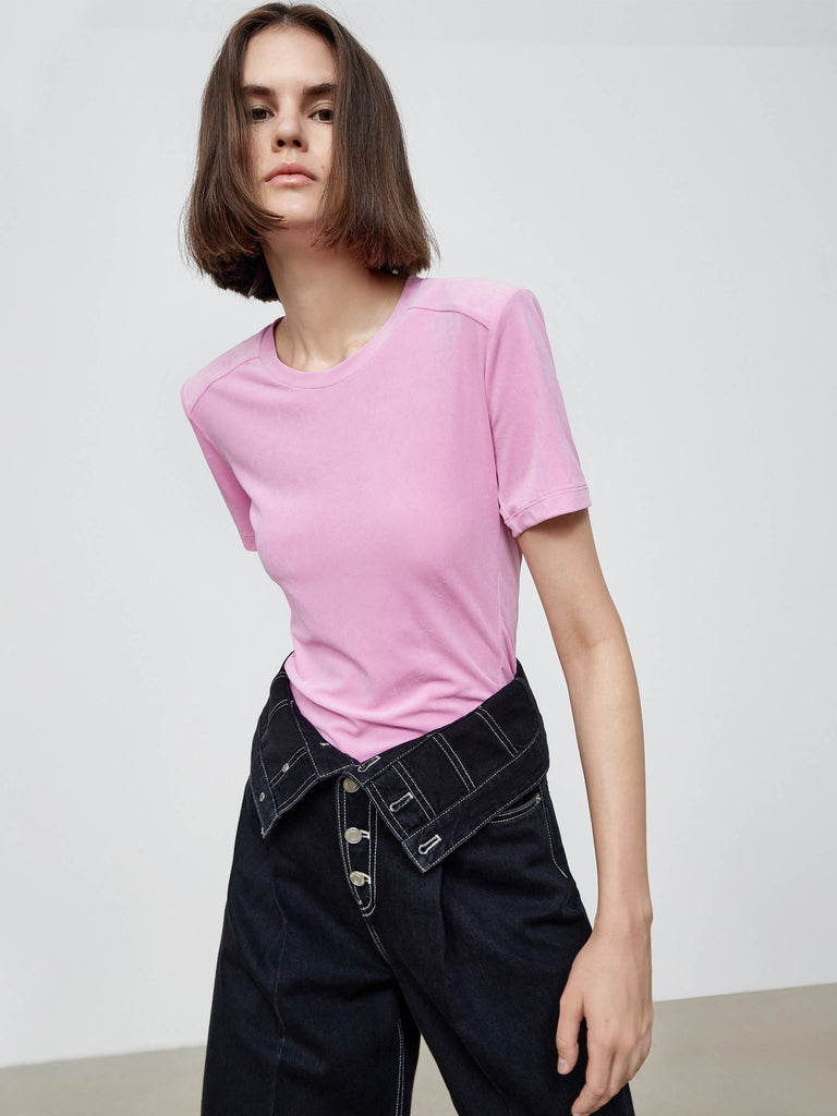 MO&Co. Women's Triacetate T-shirt with Padded Shoulders Fitted Casual pink tshirts