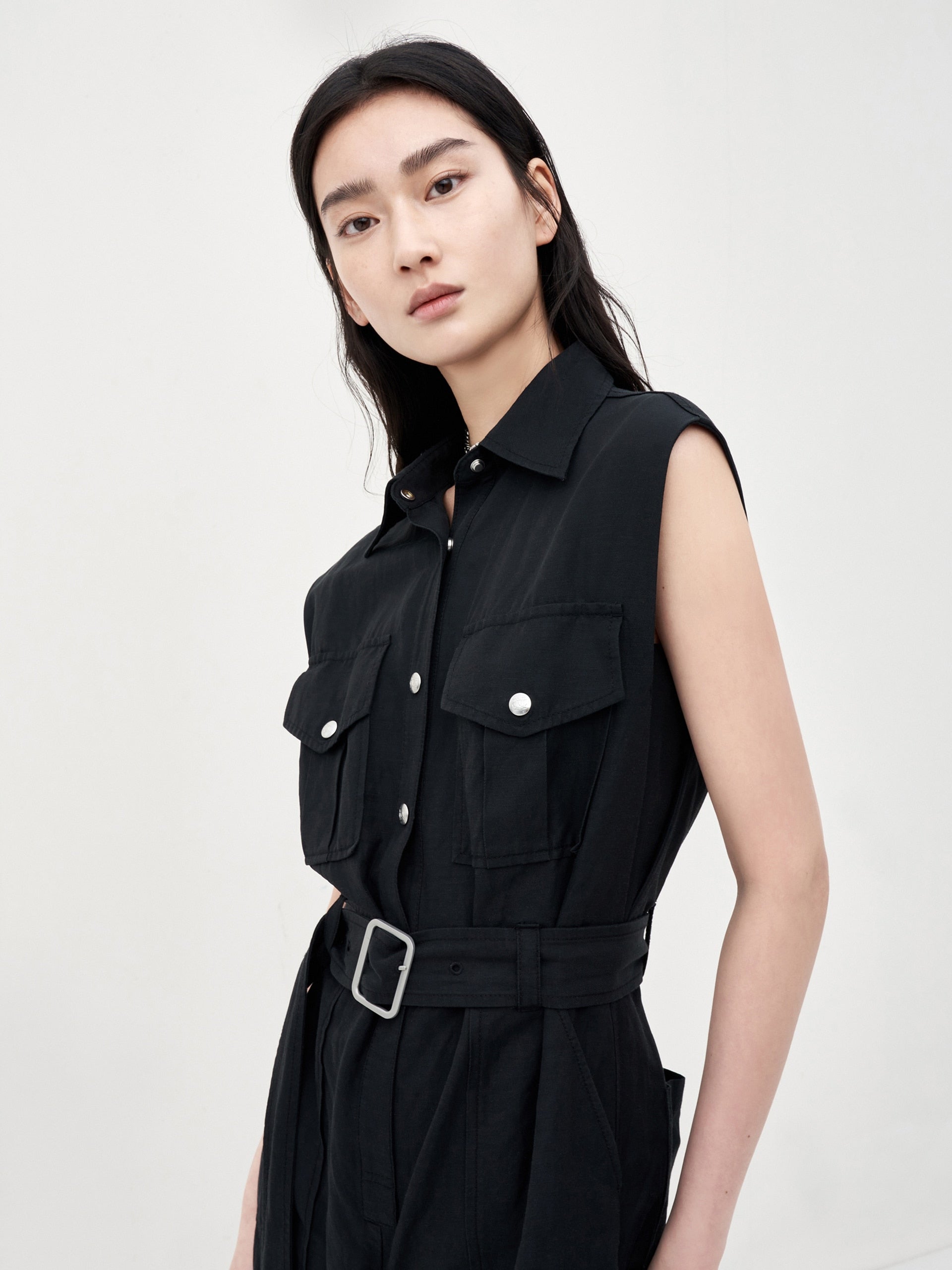 Button Up Sleeveless Cargo Style Overalls MO&Co.