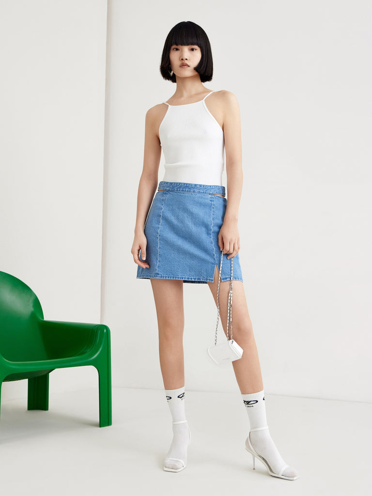 MO&Co. Women's Cutout Waist Cotton Loose Cowboys Denim Mini Skirt For Women
