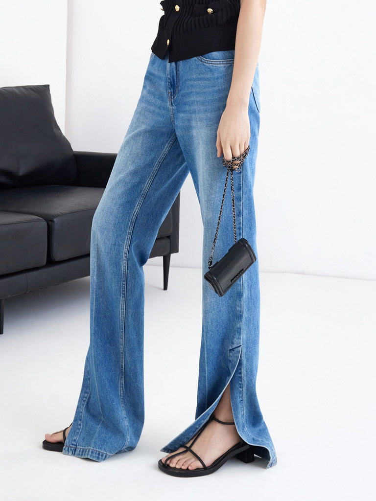MO&Co. Women's Long Straight Cut Slit Jeans Loose Cowboys Blue Jeans For Woman