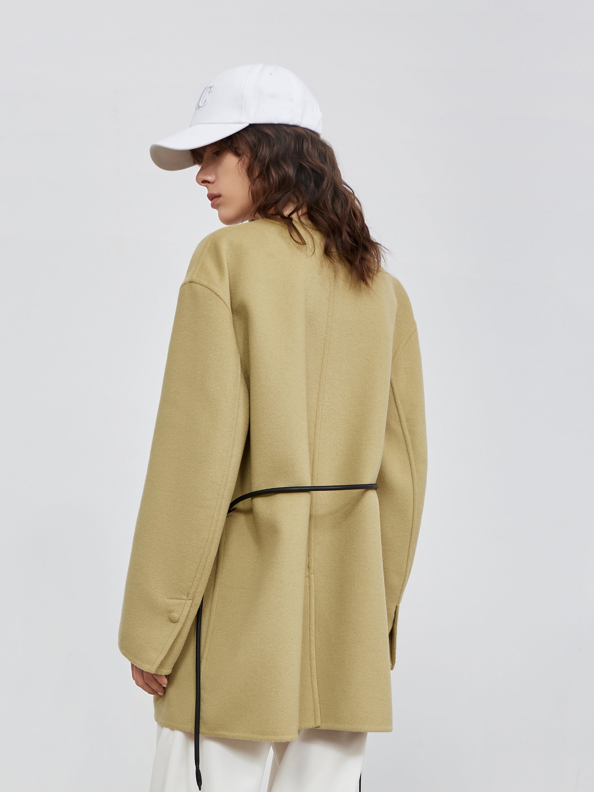 MO&Co. Women's Collarless Coat in Wool Loose Casual Lapel Longline Coat