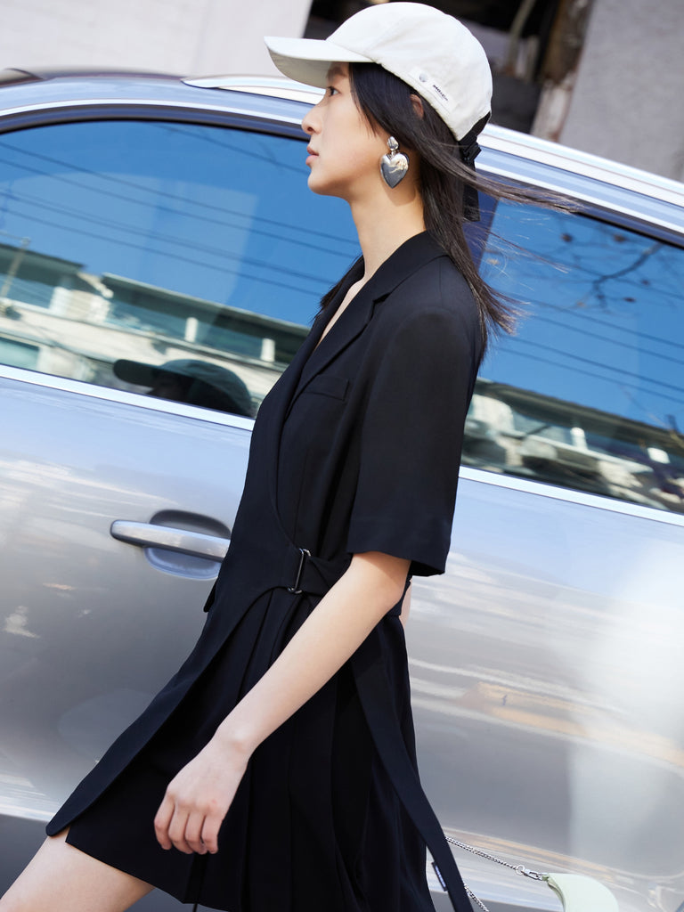 MO&Co. Women's Belted Lapel Blazer Dress Loose Casual Lapel Black Dress For Woman