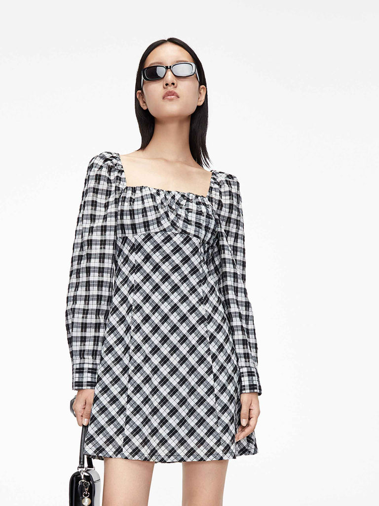 MO&Co. Women's Gingham Puff-sleeved Dress Chic Fitted Square Neck Black