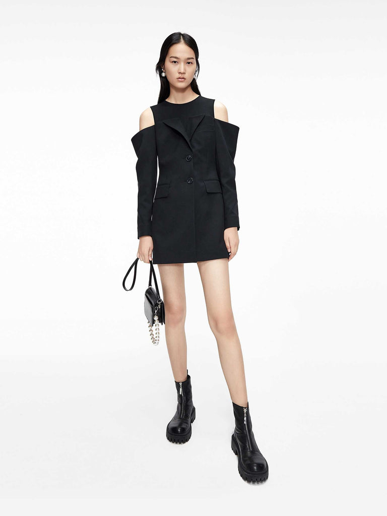 MO&Co. Women's Faux Two Piece Open Shoulder Suit Dress Classic Fitted Black