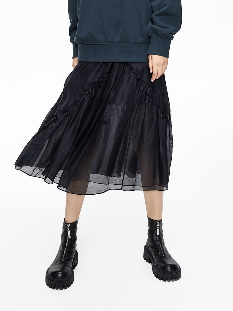 MO&Co. Women's Ruffle Silk Midi Skirt Chic Fitted Black 