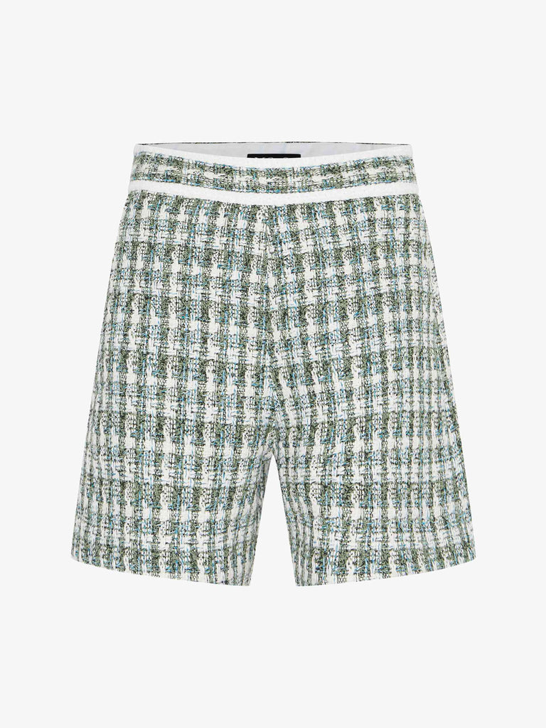MO&Co. Women's Tweed Plaid Shorts with Pockets Chic Fitted Green Summer