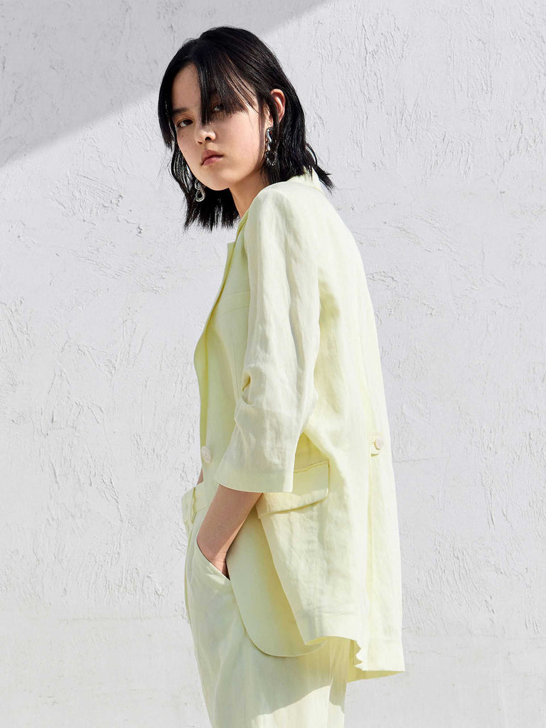 MO&Co. Women's Midi Sleeve Linen Blend Blazer Loose Chic Lapel Oversized Blazer Outfit