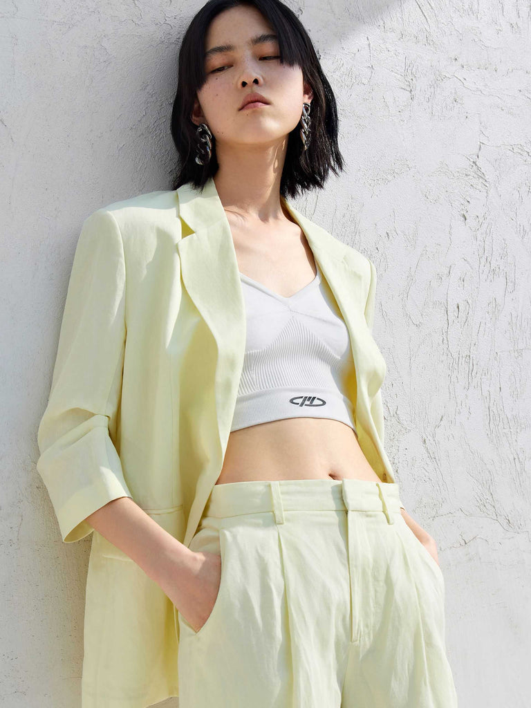MO&Co. Women's Midi Sleeve Linen Blend Blazer Loose Chic Lapel Oversized Blazer Outfit