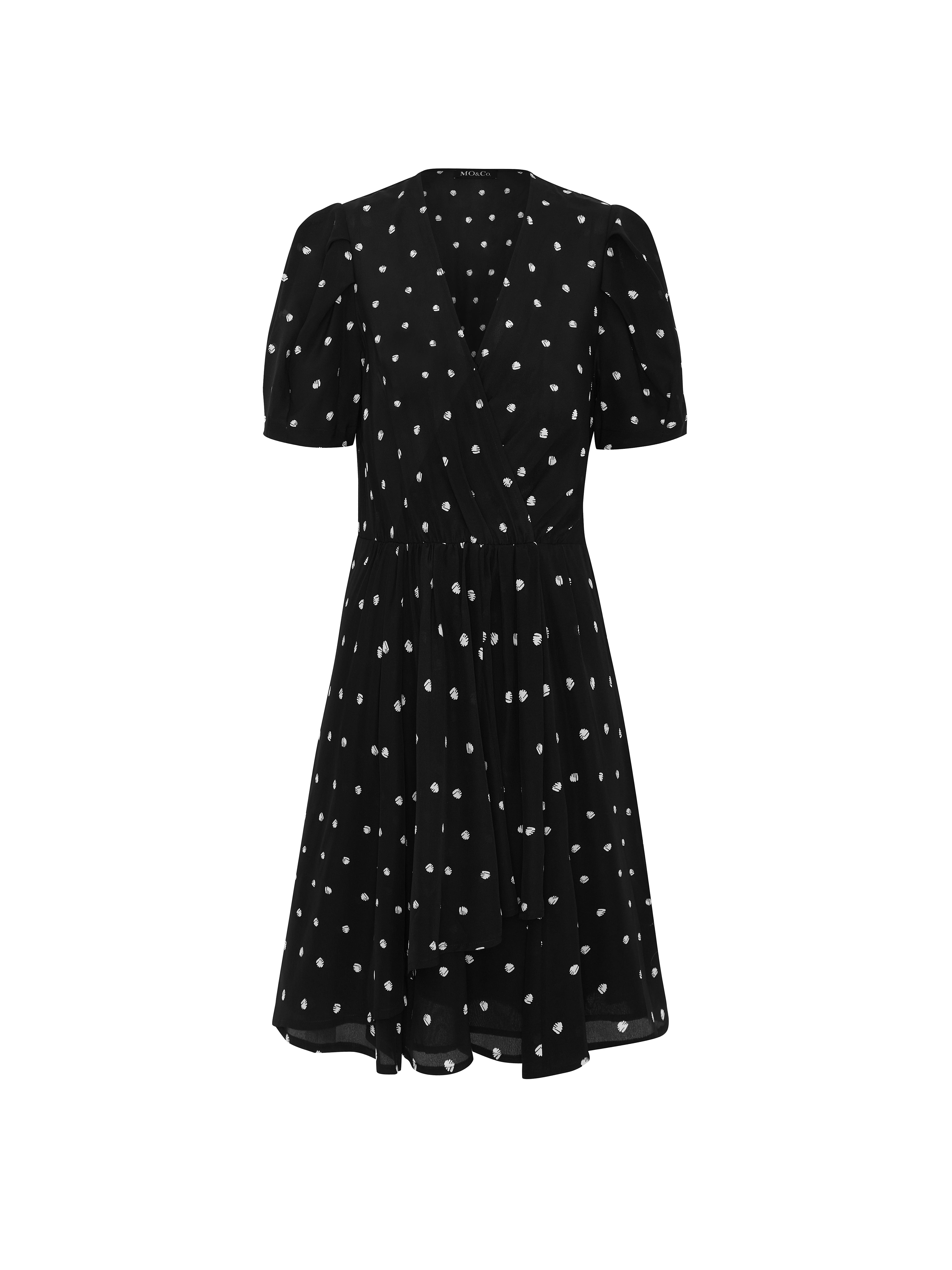 MO&Co. Women's Silk Polka Dot Dress Loose Casual V Neck Black Dress For Woman