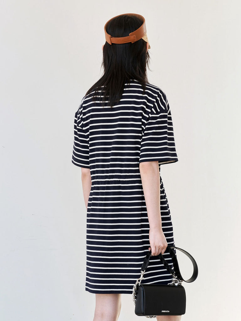 MO&Co. Women's Striped Drawstring Waist Dress Casual Fitted Blue
