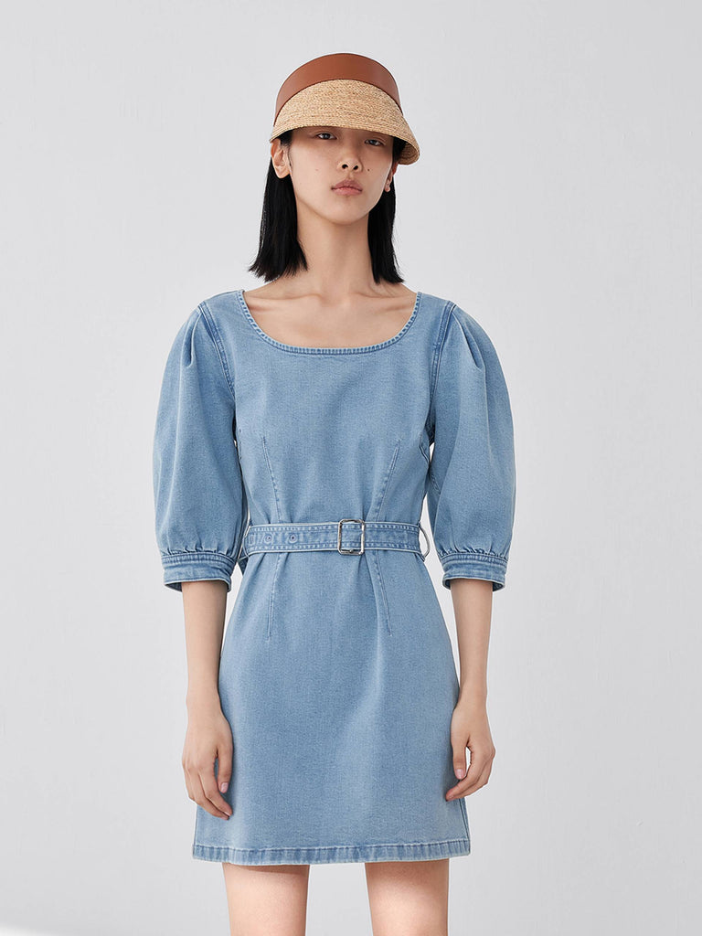 MO&Co. Women's Belted Puff Sleeve Denim Dress Chic Fitted Blue Causal