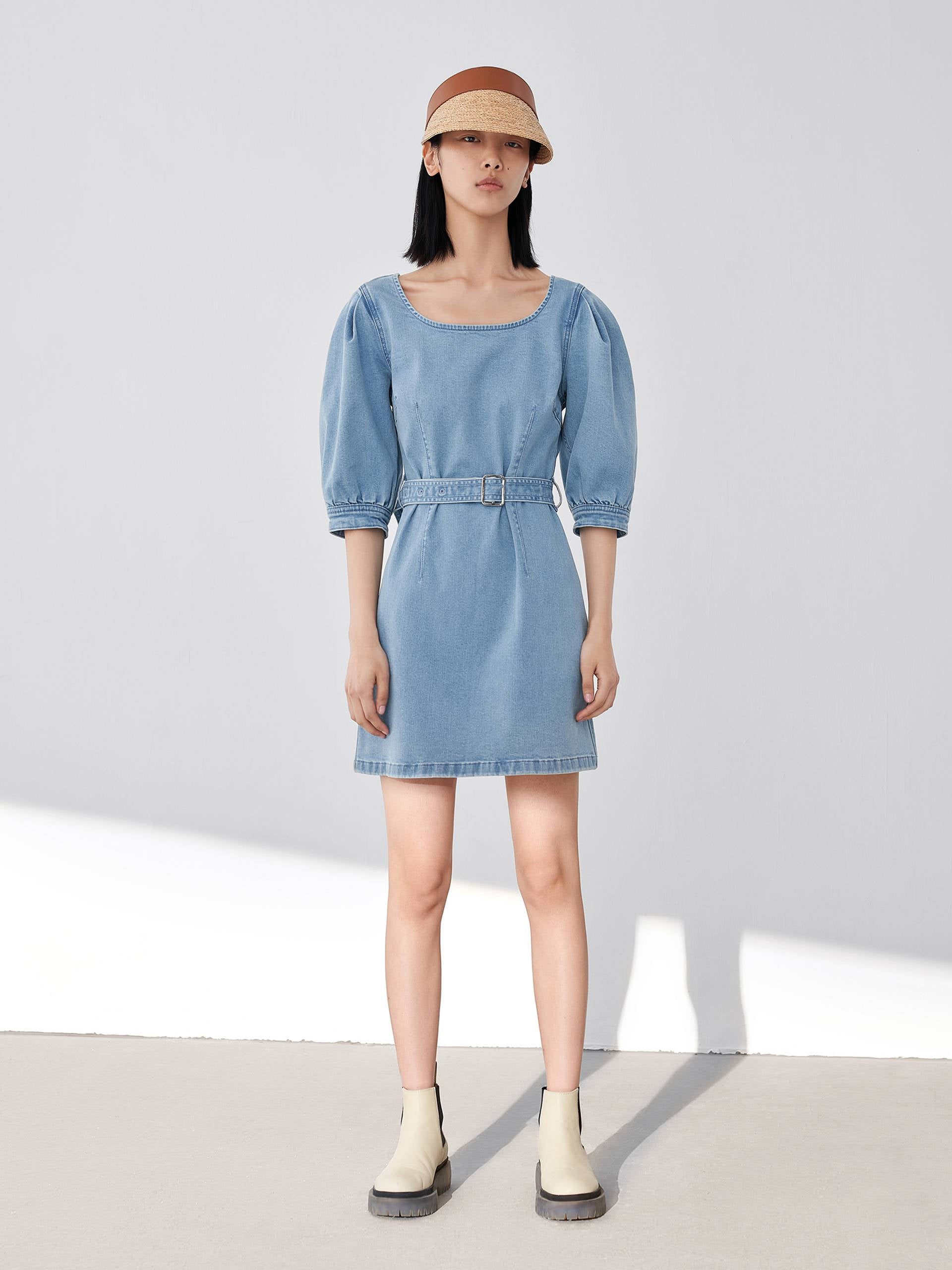 MO&Co. Women's Belted Puff Sleeve Denim Dress Chic Fitted Blue Causal