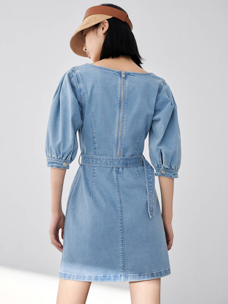 MO&Co. Women's Belted Puff Sleeve Denim Dress Chic Fitted Blue Causal