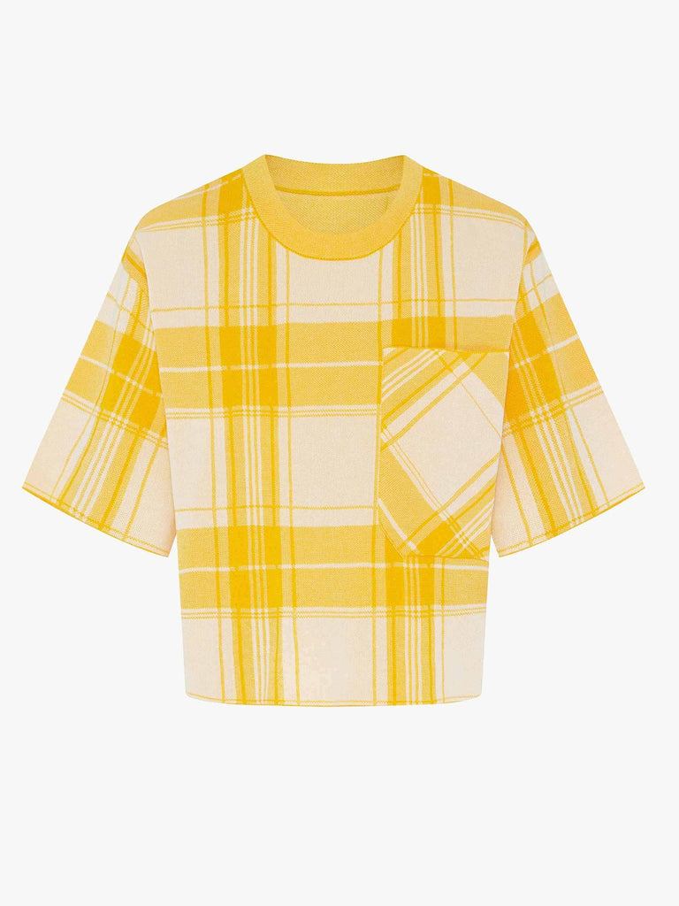 MO&Co. Women's Jacquard Plaid Cotton Knit Top Casual Fitted Green Yellow