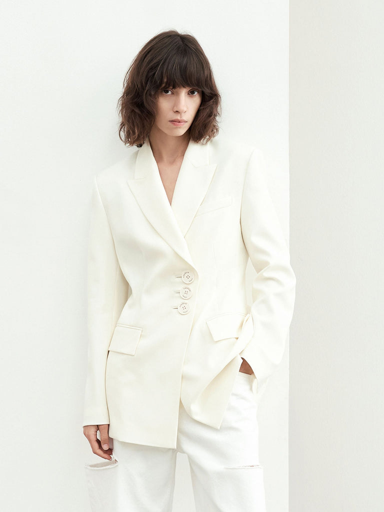 MO&Co. Women's MO&Co. X KIMHEKIM Bow Single Breasted Wool Blazer Fitted Chic White Oversized Blazer