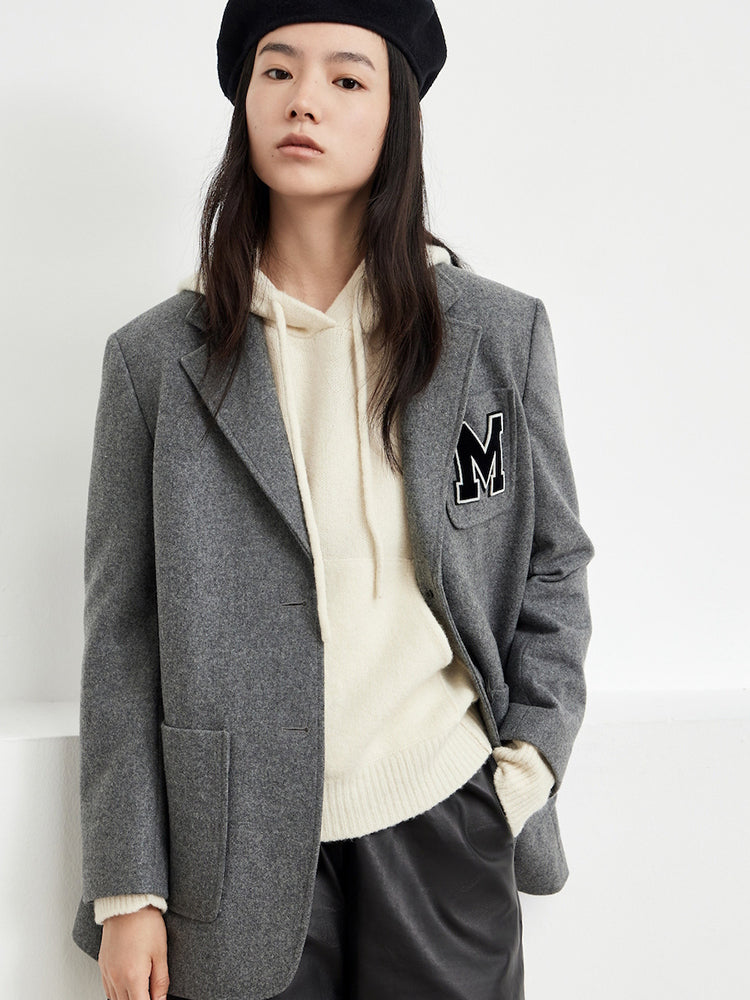 MO&Co. Women's Letter Patched Flap Detail Blazer Classic Fitted Oversize Blazer