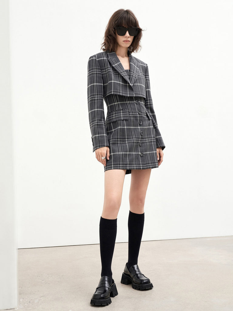 MO&Co. Women's Plaid Two-piece Suit Dress Fitted Chic Lapel Going Out