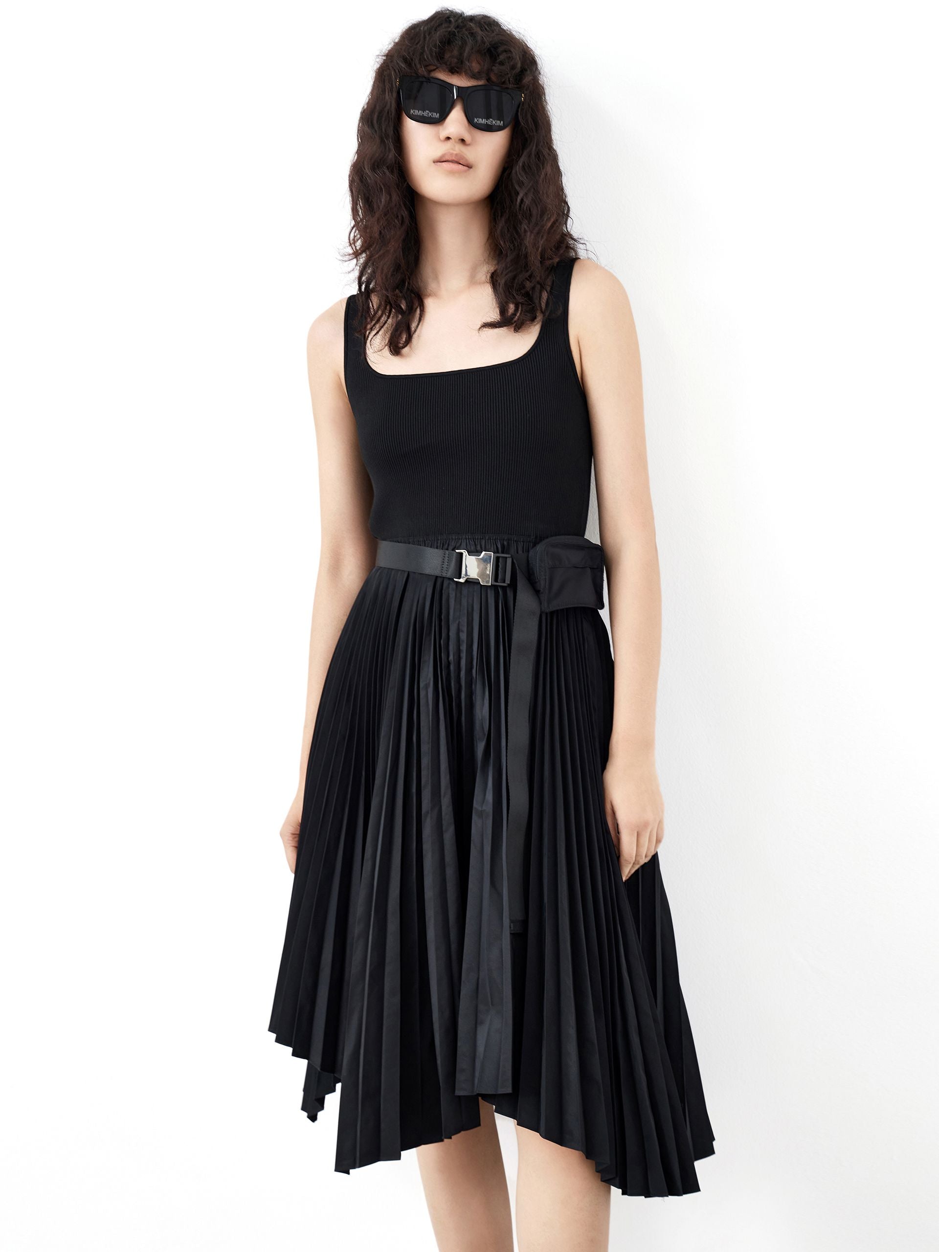 MO&Co. Women's Pleated Hem Self Belted Dress Cool Fitted Black