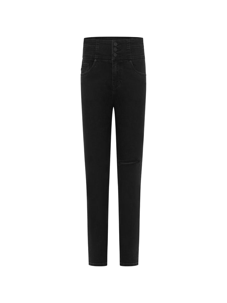 MO&Co. Women's Button Cut-out Skinny Jeans Fitted Cowboys Torn Black