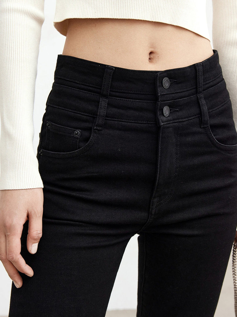 MO&Co. Women's Double Waistband Skinny Jeans Cool Chic Style Fitted Black