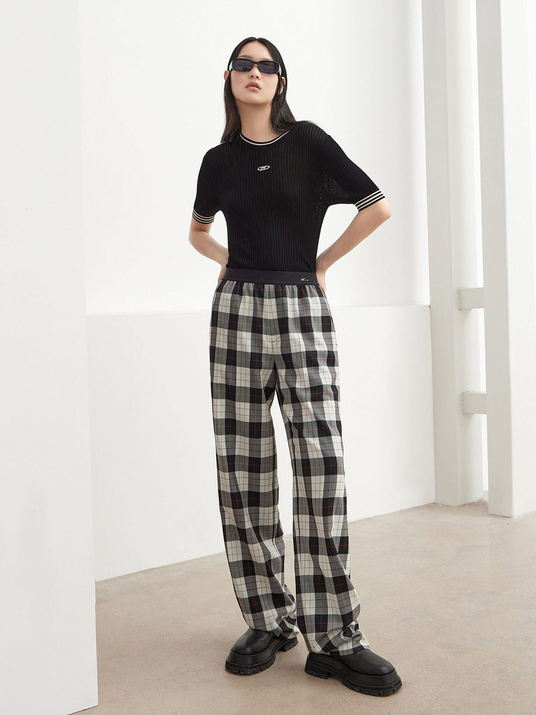 MO&Co. Women's Wool Grid Print Casual Fitted Striped Pants Women