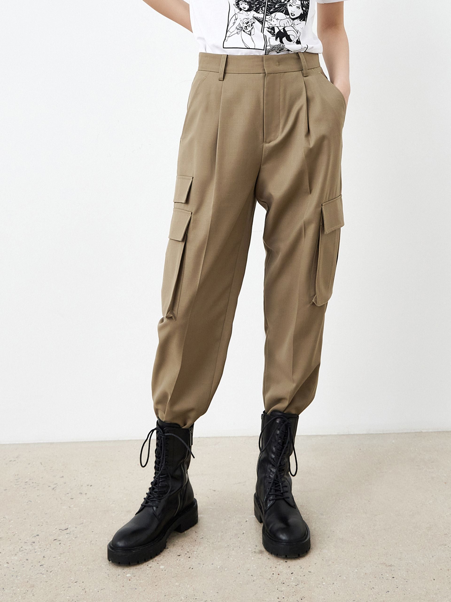 MO&Co. Women's High Waist Cargo Pants Loose Chic Khaki Trousers