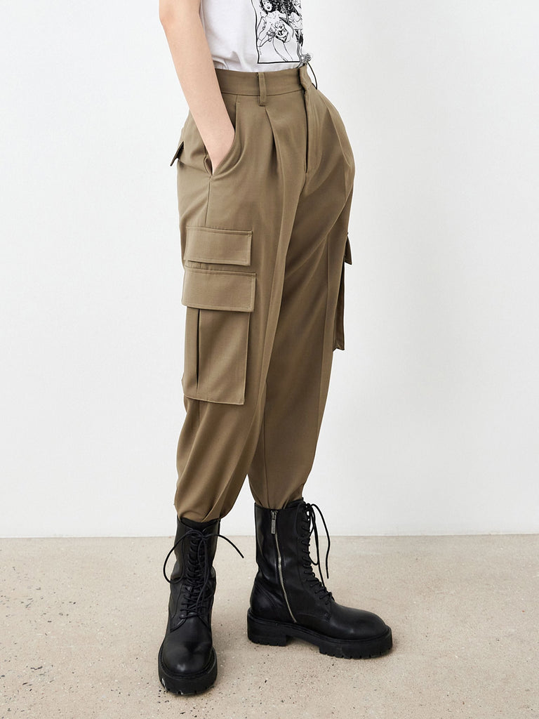MO&Co. Women's High Waist Cargo Pants Loose Chic Khaki Trousers