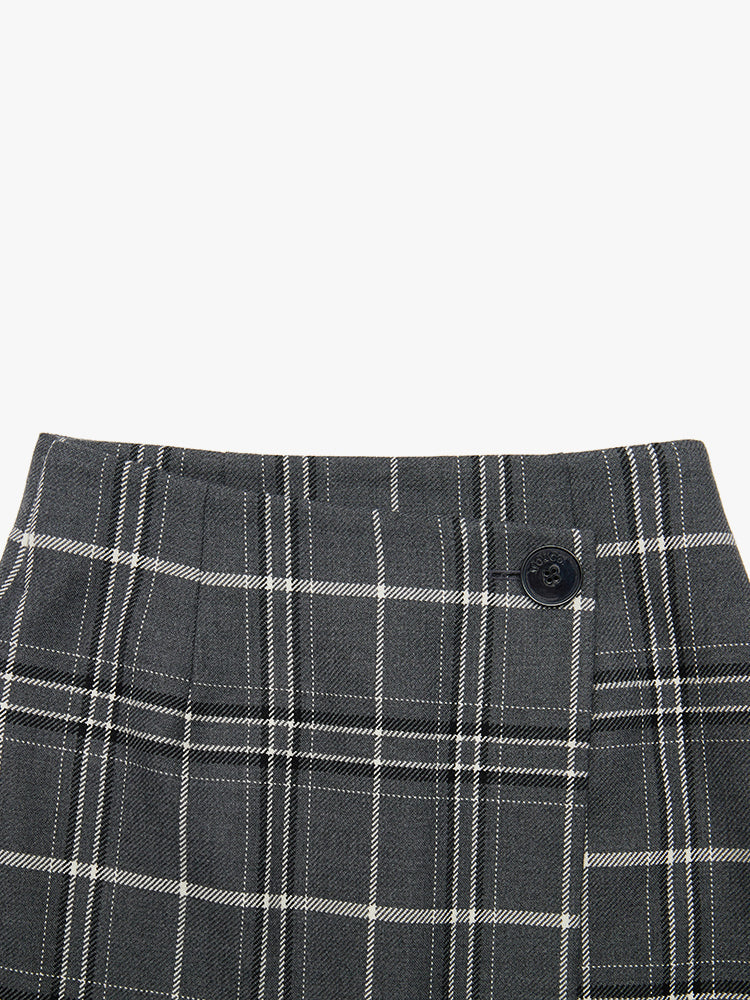 MO&Co. Women's Wool Checkered Wrap Skirt Classic Fitted Grey