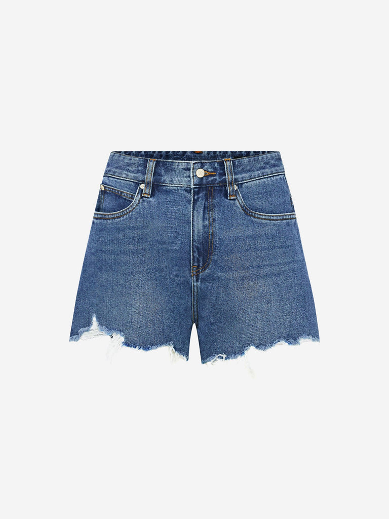 MO&Co. Women's Ripped Washed Cotton Denim Shorts Cool Fitted Blue