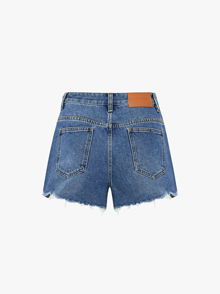 MO&Co. Women's Ripped Washed Cotton Denim Shorts Cool Fitted Blue