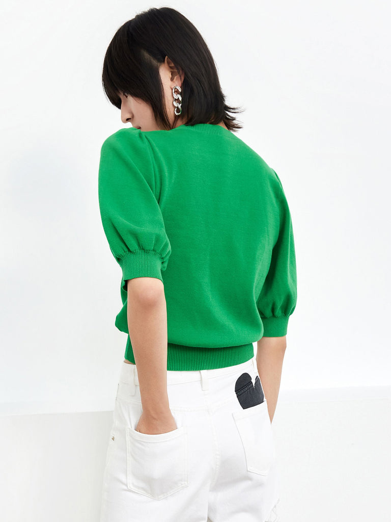 MO&Co. Women's Midi Balloon Sleeve Knit Top Cool Chic Style Fitted Green
