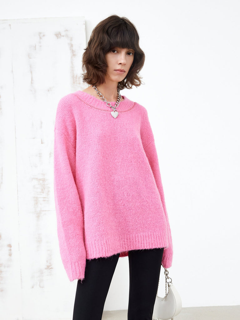 MO&Co. Women's Oversized Knit Pullover Casual Fitted Pink Round Neck