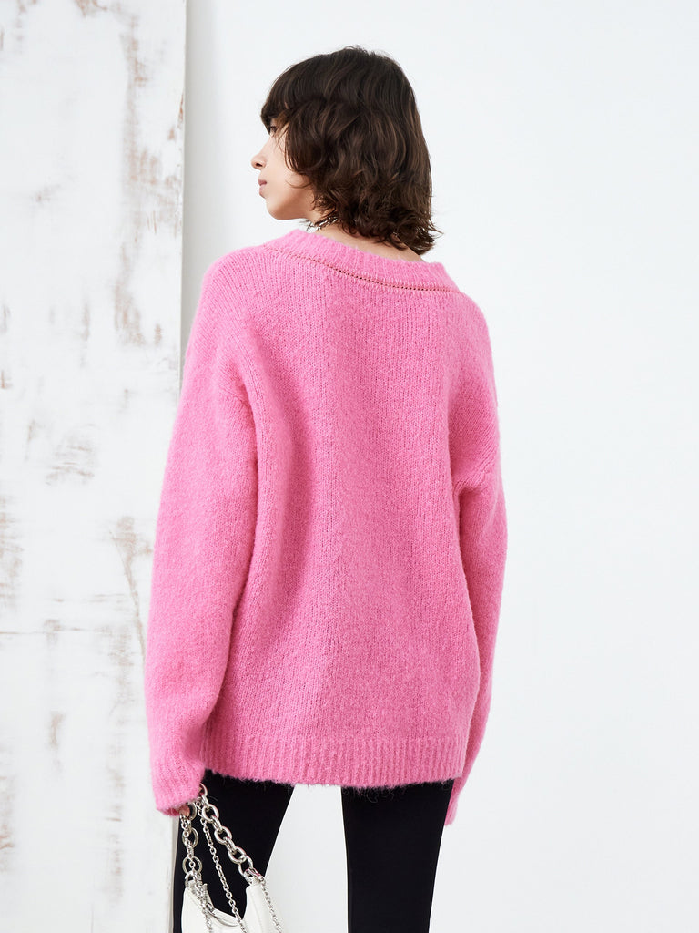 MO&Co. Women's Oversized Knit Pullover Casual Fitted Pink Round Neck
