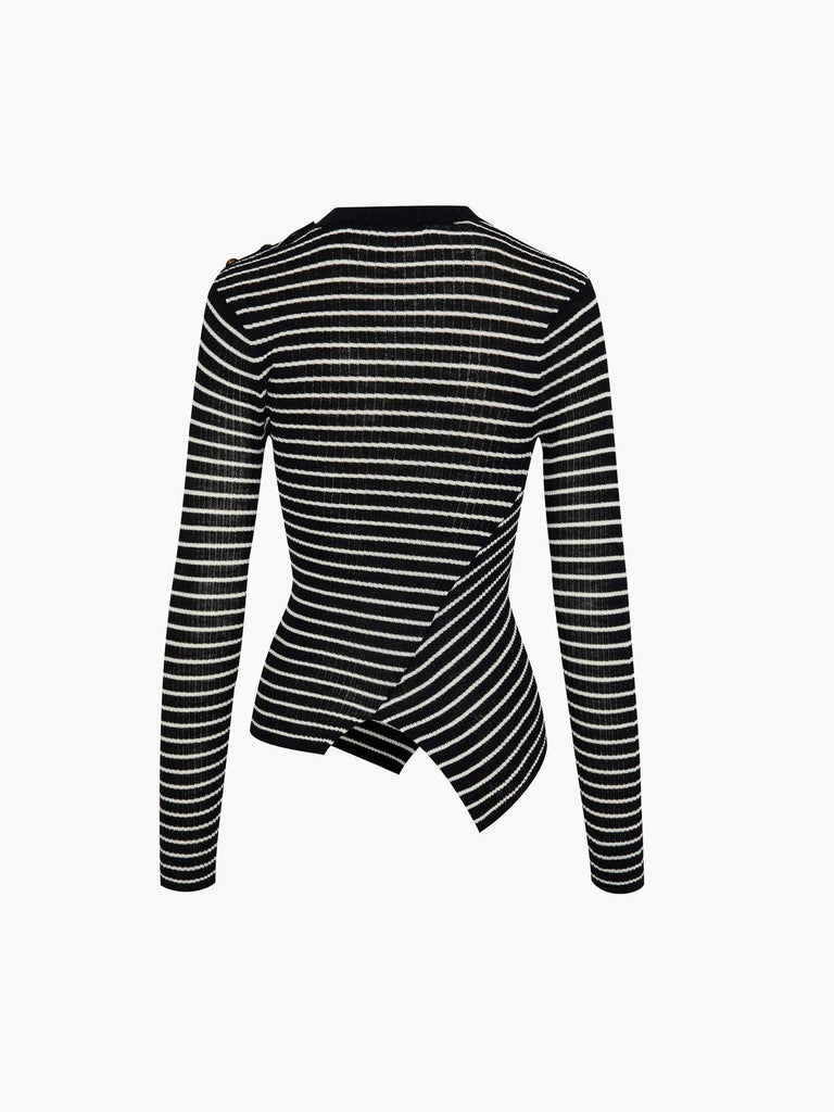 MO&Co. Women's Asymmetric Bodycon Striped Knit Top Fitted Chic Round Neck 
