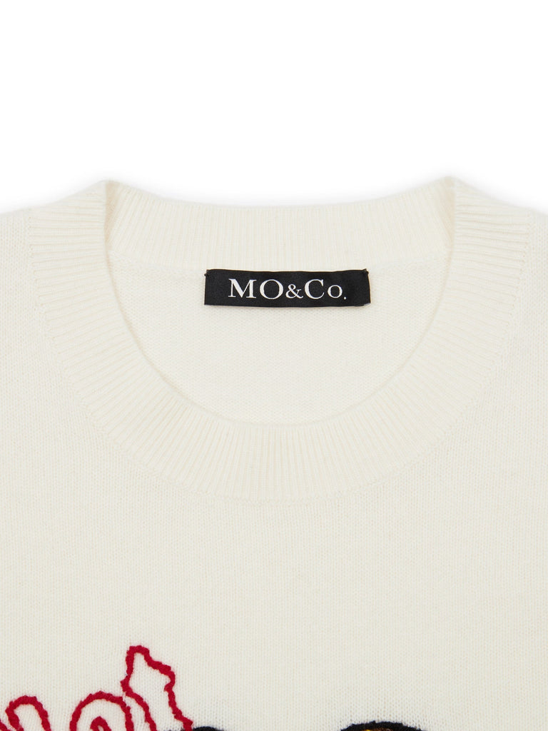 MO&Co. Women's Jacquard Cartoon Pullover in Wool Round Neck Causal Black