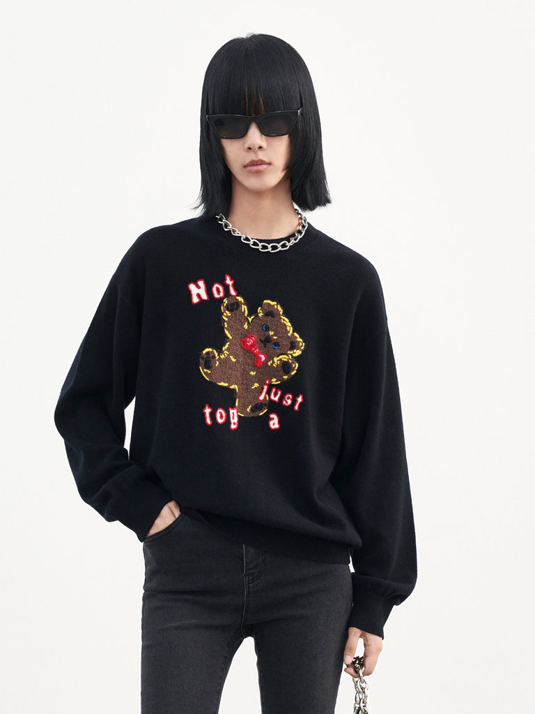 MO&Co. Women's Jacquard Cartoon Pullover in Wool Round Neck Causal Black