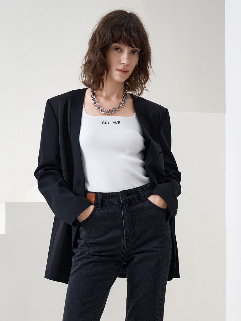 MO&Co. Women's Wool Blend Collarless Blazers Classic Loose Lapel Oversized Blazer