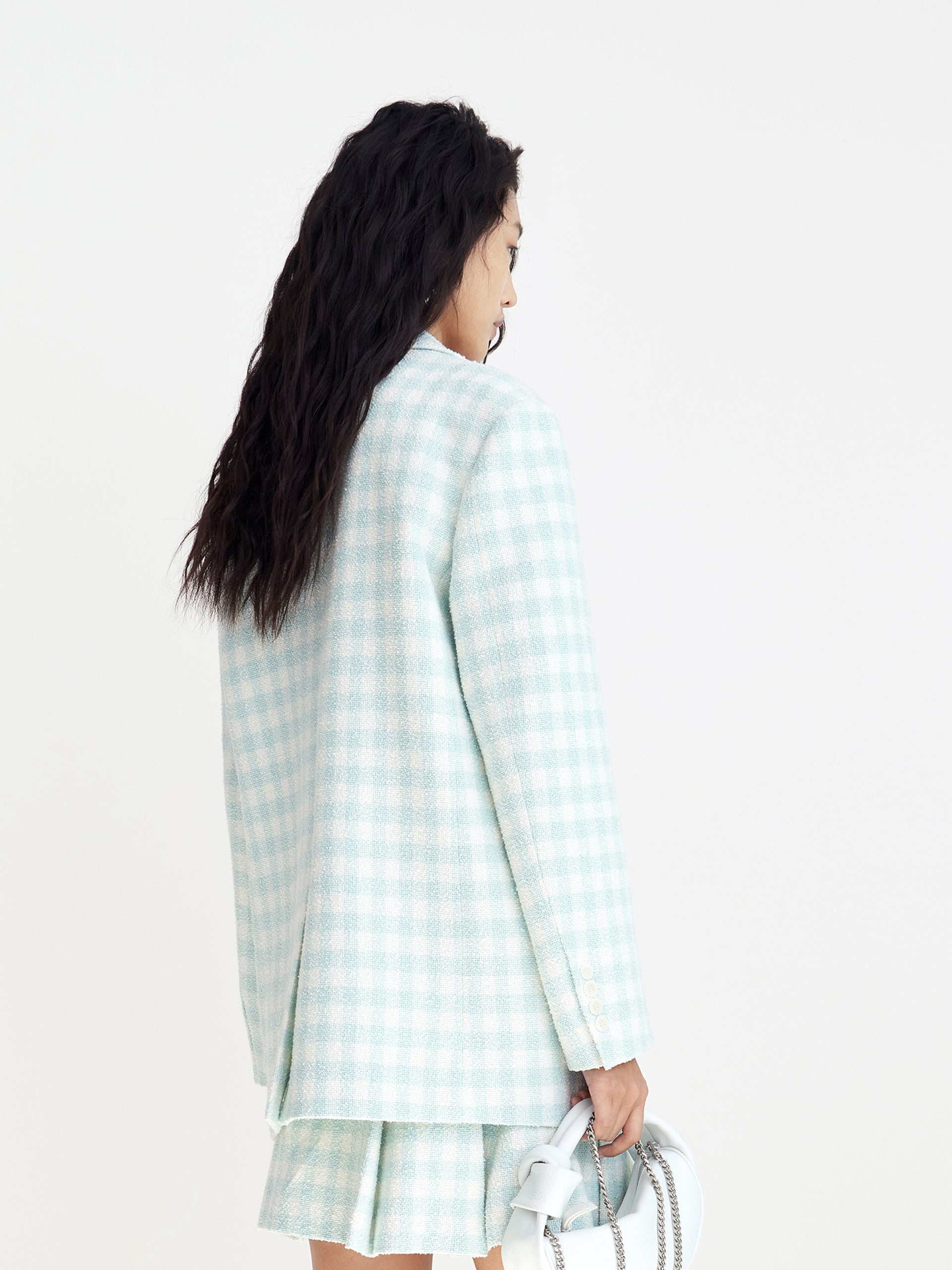 MO&Co. Women's Oversized Wide-shoulder Checked Blazer Loose Chic Lapel Long Blazer Coat