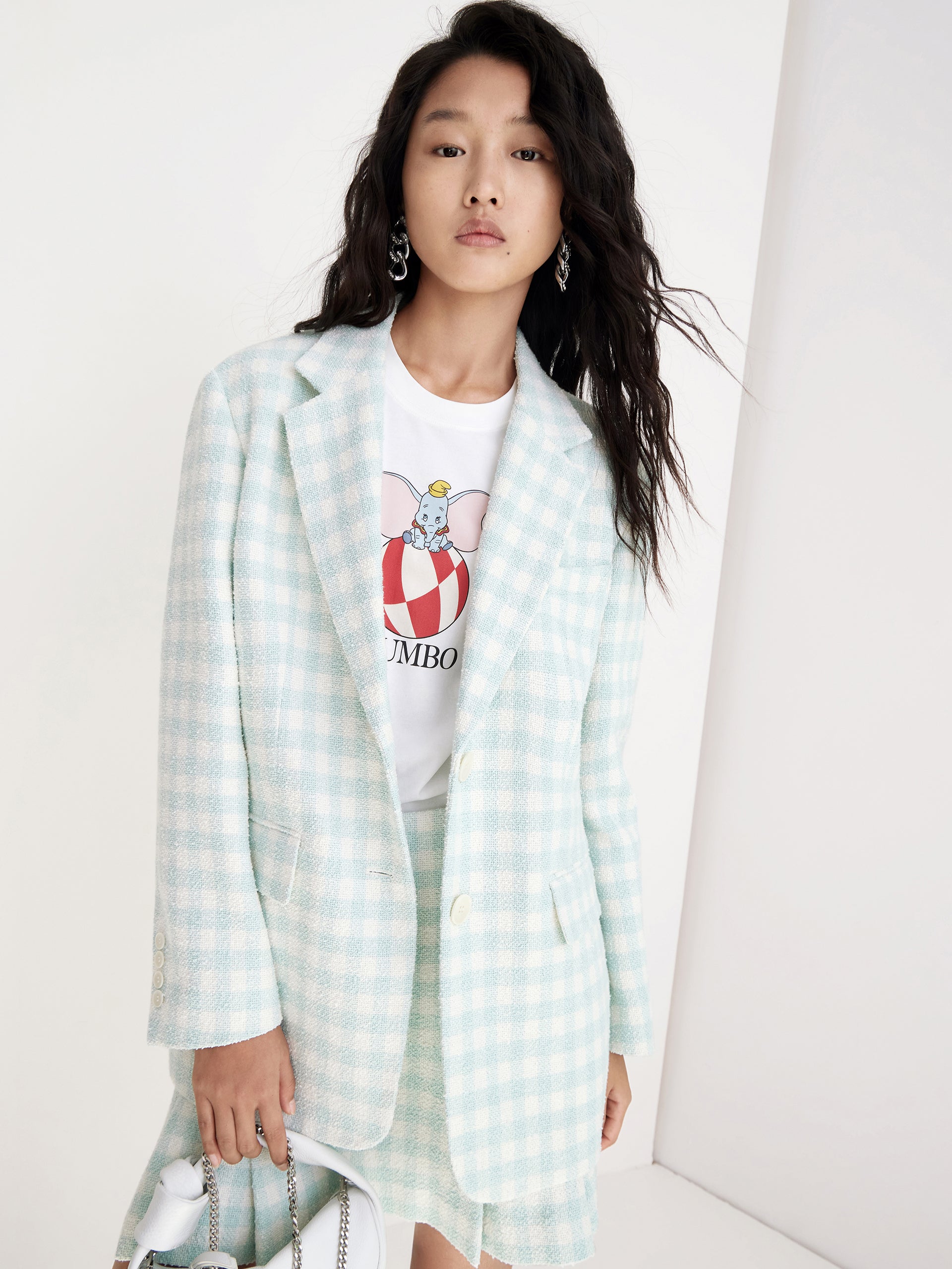 MO&Co. Women's Oversized Wide-shoulder Checked Blazer Loose Chic Lapel Long Blazer Coat