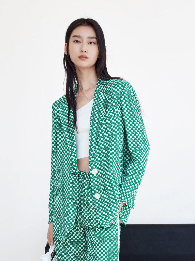 MO&Co. Women's Silk Blend Monogram Print Blazer Loose Casual Oversized Blazer Outfit