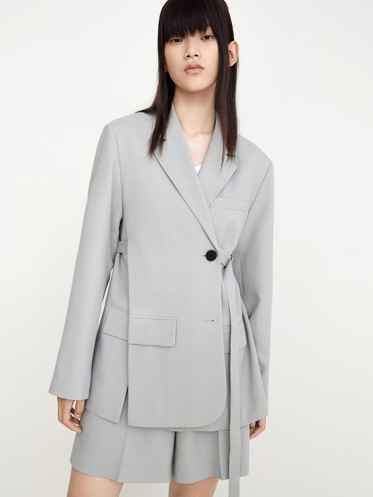 MO&Co. Women's Double Side Slit Blazer with Belted Loose Classic Lapel Oversized Blazer Outfit