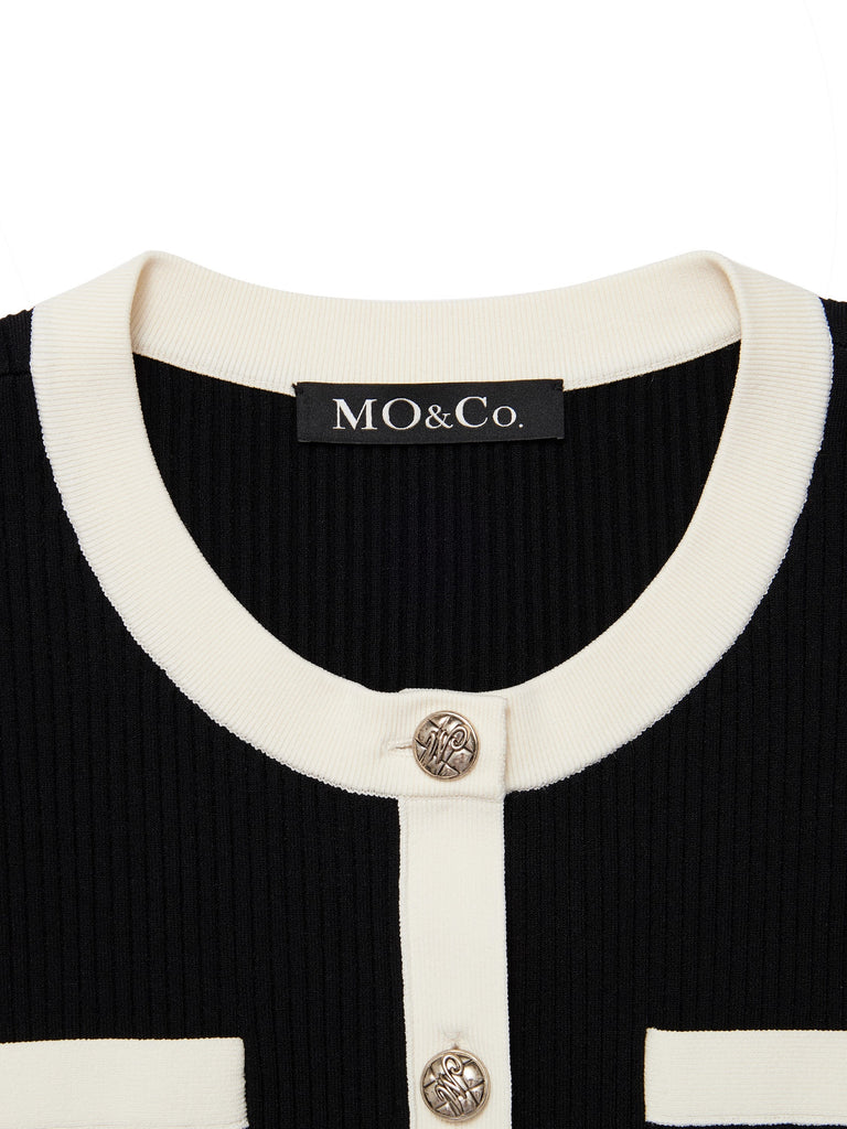 MO&Co. Women's Contrast Stretch Knit Cardigan Fitted Chic Round Neck